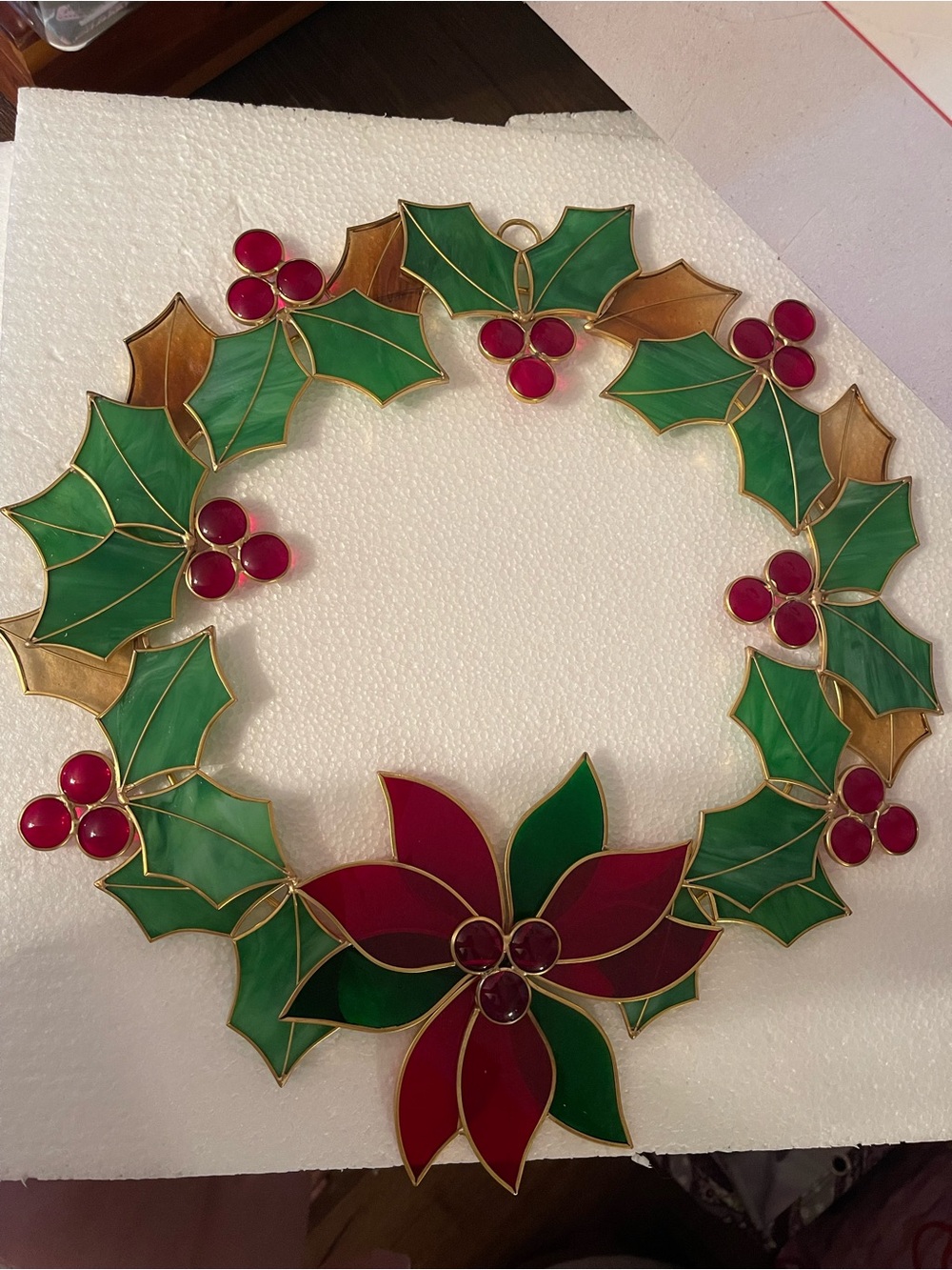 Holiday Stained Glass Poinsettia & Holly Wreath - Red & Green